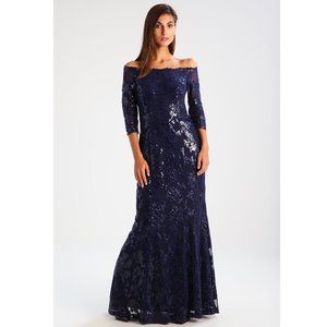 BNWT Ralph Lauren Dress Navy Dark Blue Sequin Mesh Lace Off-Shoulder Gown